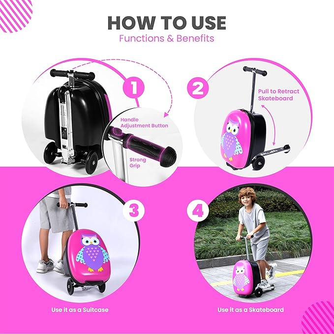Owl Kids Scooter Suitcase - Folding Kids Luggage with Wheels - Multifunctional Ride on Luggage Travel suitcase with Strong Grip, Easy Locks and Zippers – Capacity to Hold 110LB
