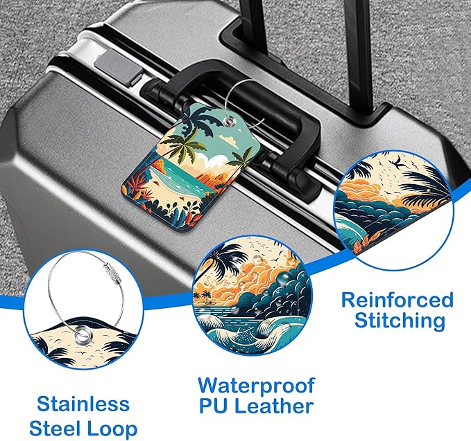 Tropical Beach at Sunset Luggage Tags for Suitcases Leather Travel Tags for Luggage ID Label with Privacy Cover and Stainless Steel Loop for Men Women Suitcase Backpack, Set of 2