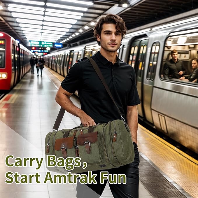 Canvas Duffle Bag with Genuine Leather Accents, Expandable 20-23 Inch Travel Weekender, Multiple Pockets, Green