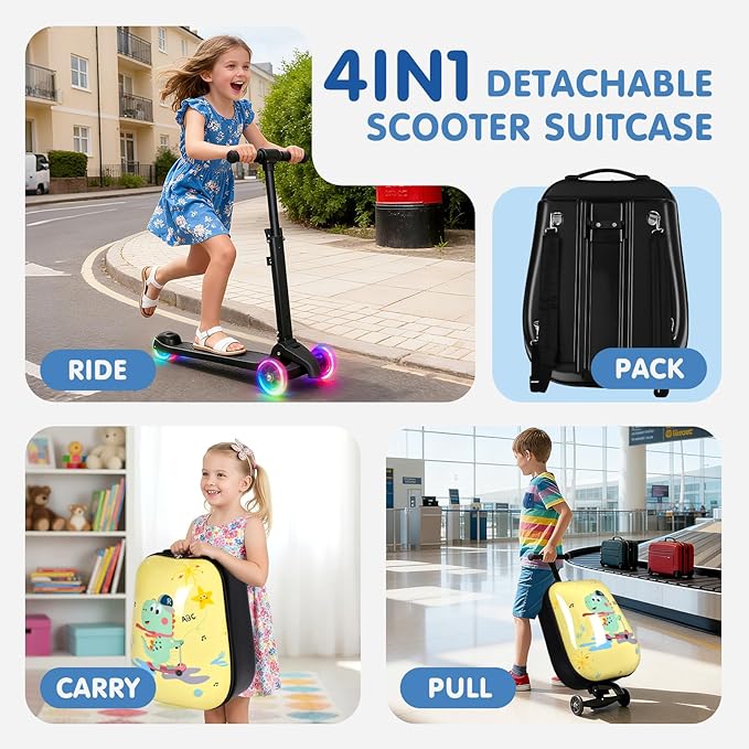 smilesun 4-in-1 Detachable Scooter Luggage for Kids & Teens – Hardside Ride-On Suitcase with Led Light Up Wheels, Dinosaur Design, Lightweight Foldable, Perfect Travel Gift for Boys(Yellow 22-inch)