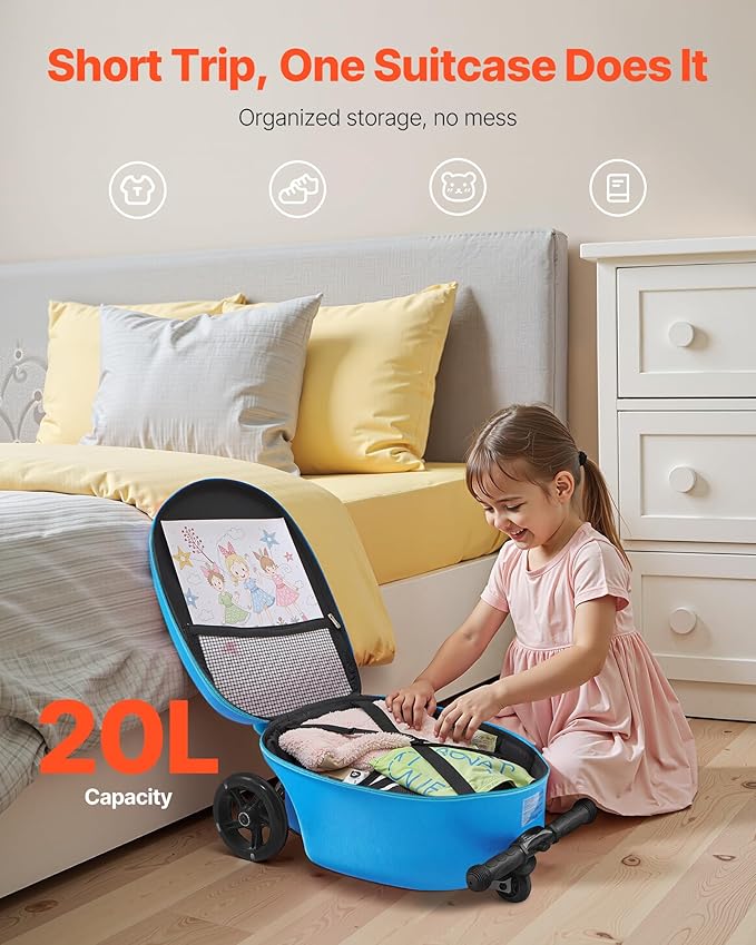 VEVOR Ride-on Luggage, 20 L Capacity, 20 Inches Kids Scooter Suitcase with Flash PU Wheels, Adjustable Handle & TPR Non-Slip Grip, Foldable & Lightweight Scooter Luggage for Kids Aged 5+, Blue
