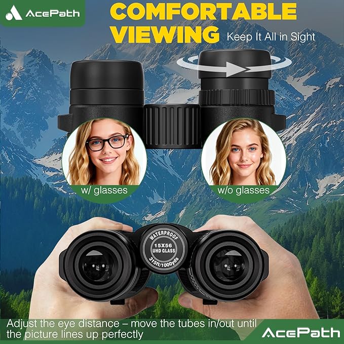 15x56 Binoculars for Adults High Powered - Large View Waterproof Binoculars with Clear Low Light Vision - Compact Binocular Essentials for Hunting Camping Cruise Travel Bird Watching Sports
