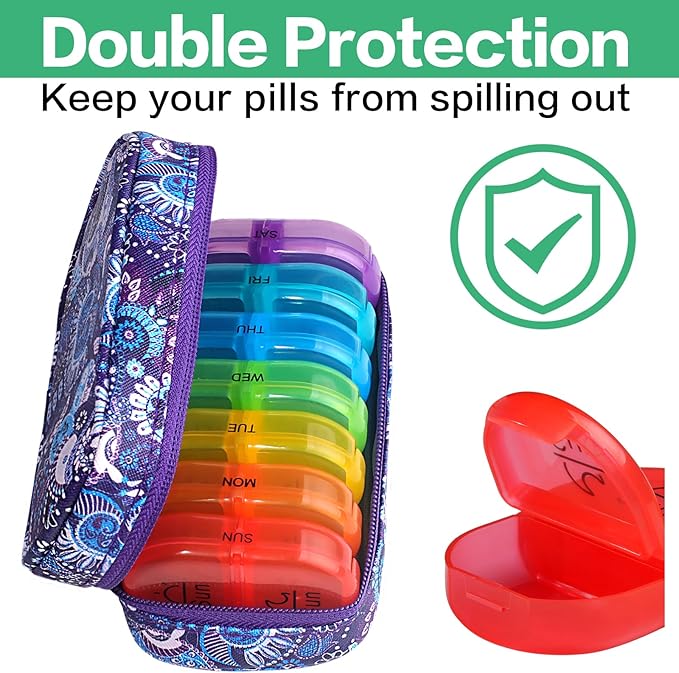 Serfeymi Weekly Travel Pill Organizer 2 Times A Day AM PM Upgraded Rainbow Pill Box 7 Day with Portable Zipper PU Leather Pill Case, Medicine Organizer for Pills, Vitamins, Fish Oils - Purple-01