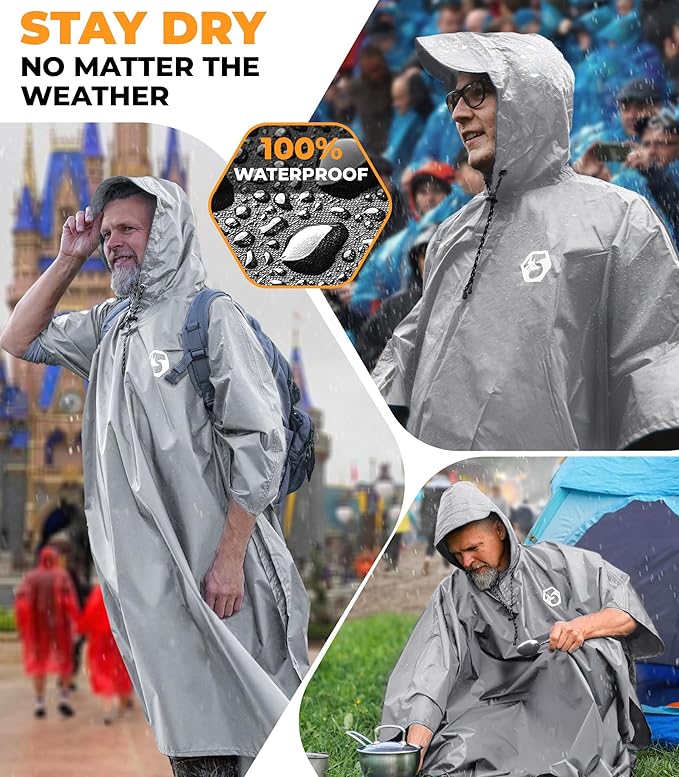 Foxelli Rain Poncho for Adults – Extra Long Reusable Waterproof Raincoat with Hood, Lightweight for Hiking, Camping, Outdoors