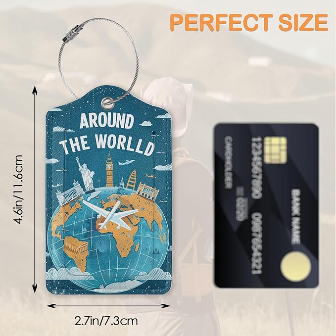Around The World Travel Art 3 PCS Luggage Tags, Flight Map Leather Suitcase Tags with Privacy Cover Name Address Labels and Durable Steel Loop for Men/Women Travel Bag Suitcases