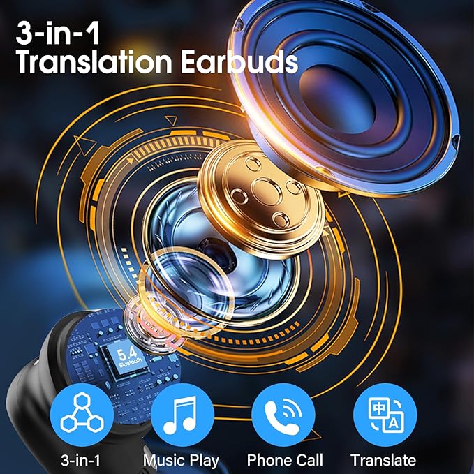 AI Language Translator Earbuds Real Time, 164 Language/6 Translation Modes Translator Earbuds 3-in-1 Translation Headphones, Bluetooth 5.4 Translation Device for Travel Business Learning, Black