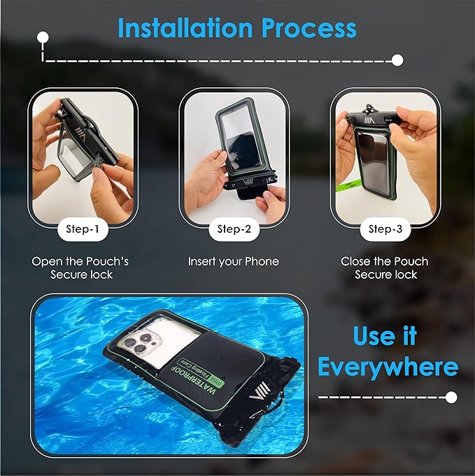 【2025 Upgraded】 4 Pack Black - IP68 Waterproof Phone Pouch Floating Design No Sink Waterproof Phone Case - Beach Pool Travel Essentials - Works w/All Phones - Detachable Lanyard - Black/Hi-Vis Green