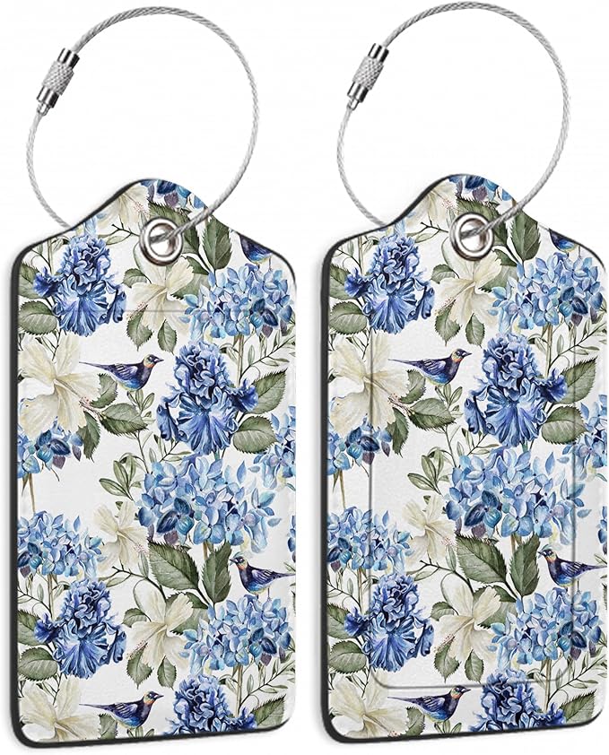Hibiscus Flowers Luggage Tag,Bird Watercolor Luggage Tags of Set 2 Leather Identifiers Privacy Cover with Stainless Steel Loop for Women Men Travel Bag Suitcase