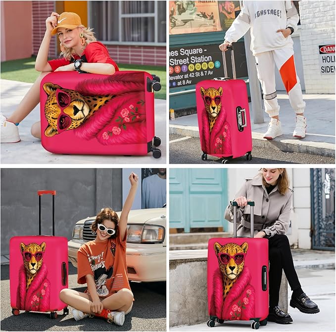 ANNA QUEEN Fashionable Leopard Luggage Cover, Leopard in Pink Coat and Sunglasses, Stretchable, Washable Travel Sleeve for 24-26 Inch Luggage