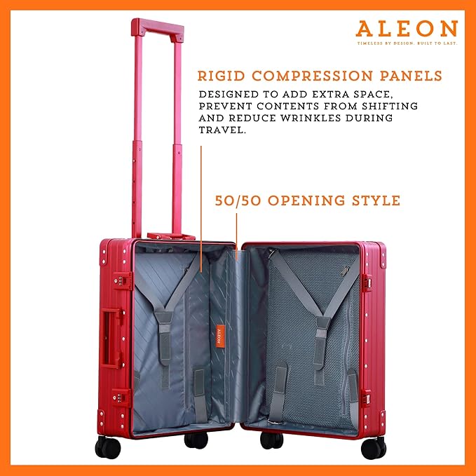 All Aluminum Lightweight Carry-On Luggage - Hardside Carry-On Suitcase, TSA Approved, Hard Shell Suitcase for Travel, Airline Approved 21 Inch Hard Spinner Wheels Luggage (Ruby)