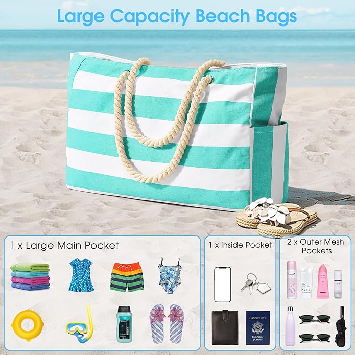 Becokan Beach Bags for Women Large Waterproof Beach Tote Bag Zipper Beach Bags Waterproof Sandproof Swim Pool Bag Large Tote