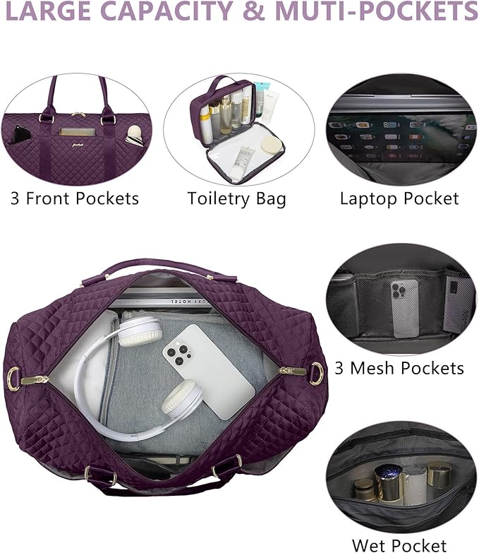 Women Duffle Weekender Travel Bag: Large Duffel Bags with Shoe Compartment Carry On Overnight Tote Bag with Wet Pocket Toiletry Bags Weekend Gym Yoga Hospital Bag for Womens Dark Purple 3Pcs Set