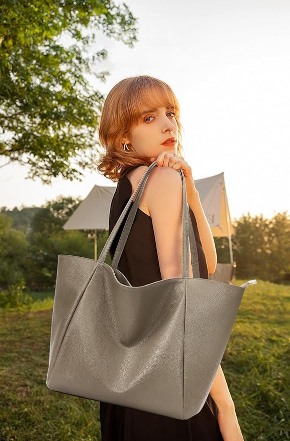 KALIDI Large Tote Bag Vegan Leather Casual Zipper Work Bag Weekender Hobo for Women 23L Oversize Shoulder Travel Purse