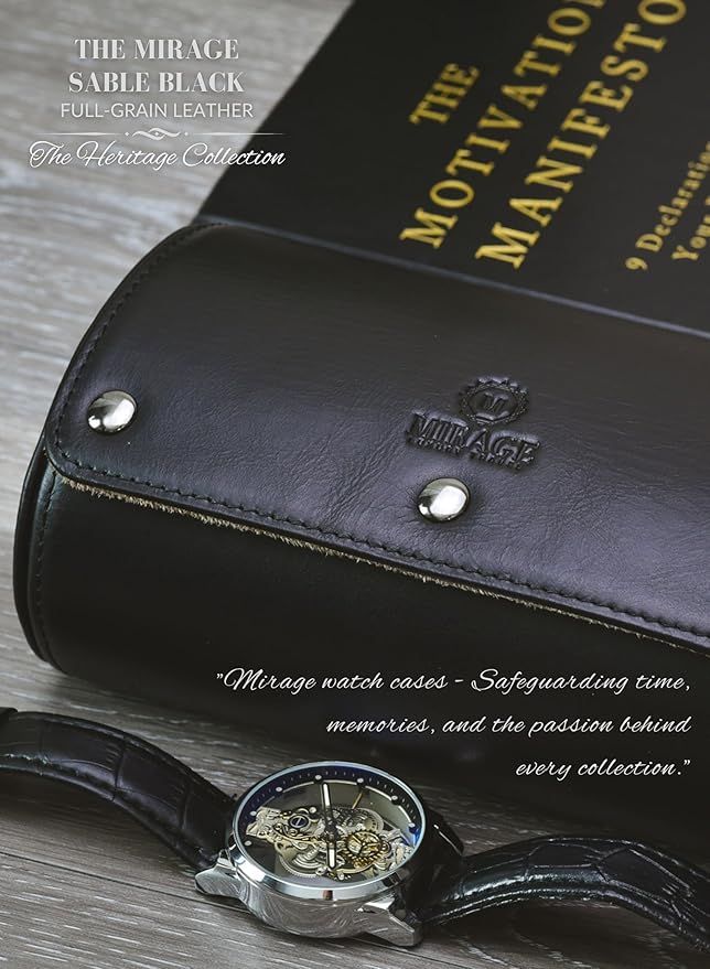2 Watch Roll Travel Case – Leather Watch Holder Case for Travel - Black Full Grain Cow Leather (Beige Interior)