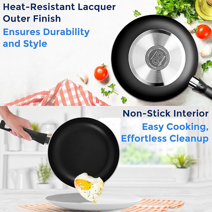 SereneLife 6-Piece Pots and Pans Set – Nonstick Cookware, Black Coating, Heat-Resistant, Dishwasher safe, Includes Fry Pans, Saucepans with Lids, Color Black