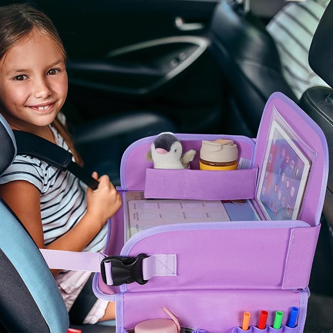 MENZOKE Car Seat Tray for Kids Travel, Kids Travel Tray with Educational Drawing Board, Tablet Holder & Cooler Cup Holder, Holiday Gifts for Car Trip, Purple