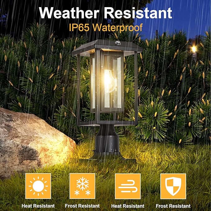 Solar Lamp Post Lights for Outdoor with Pier Mount Base, Dusk to Dawn Pole Light Head with Waterproof, Exterior Solar Powered Pillar Lights Fixture for Yard, Garden, Pathway, Black
