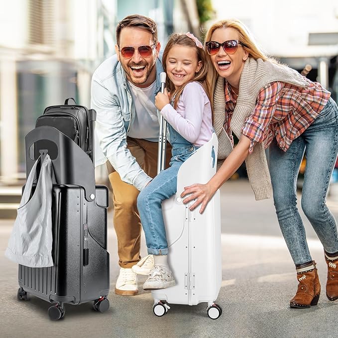 MRPLUM Ride On Luggage with Seat for Kids&Adults with Seat Belt,Hard Shell Lightweight Rolling Spinner Wheels Travel Luggage with TSA Lock,20 inch,White