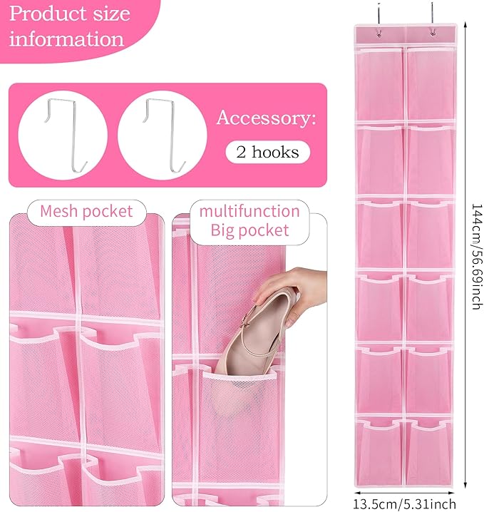 Over the Door 12 Pocket Hanging Shoe Organizer, Pink