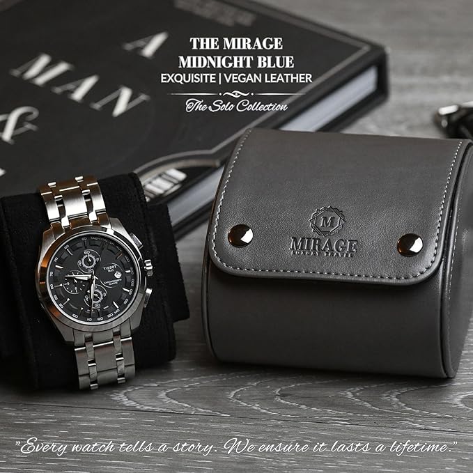 Single Watch Roll Case Watch Travel Case Box 1 Watch Display Case Slate Gray Swiss Motif Design Vegan Leather