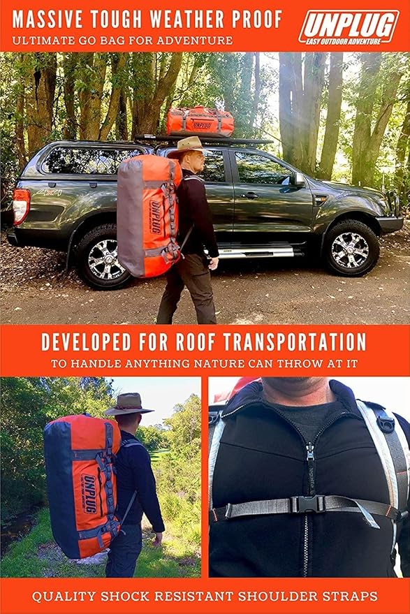 UNPLUG Ultimate Adventure Bag | 1680D Heavy Duty Waterproof Bag | Large Travel Duffle Bag which can be Used for Camping, Motorcycling, Boating, or Hunting (65L Blackops)