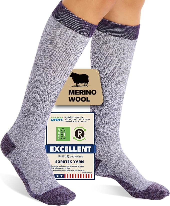 Merino Wool Compression Socks for Women Men, 15-20 mmHg Knee High Socks for Flying, Travel, Running