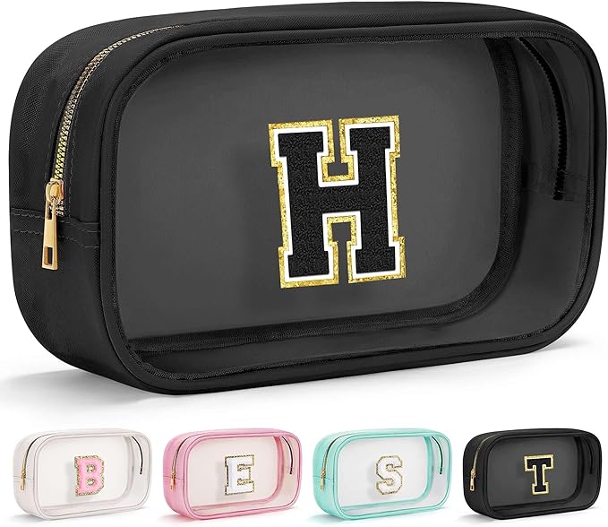YOOLIFE Travel Toiletry Bag for Women, Black Clear Makeup Organizer, Cute Cosmetic Bags for Skincare, Birthday Gifts for Teacher Mother Girlfriend Initial H