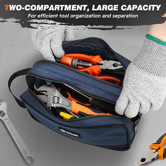 Small Tool Bag 2 Pack, Zipper Tool Pouch Two Compartments, 10 12 inch Utility ToolBag with Carrying Handle, Toolbox Storage Organizer for Electrician Mechanic, Gift for Men Dad, Orange/Blue