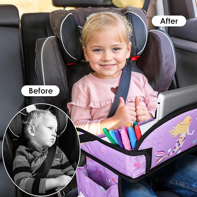 2PCS Kids Travel Tray for Airplane - Toddler Car Seat Table Tray, Road Trip Essentials for Boys & Girls, Carseat Lap Desk for Kids Road Trip Activities (Dark Blue Car/Purple Mermaid)