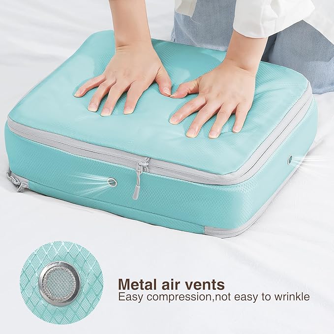 DIMJ Clothes Storage Bag 8 Pack, 19L Compression Storage Bags for Blanket, Sweater, Jacket, Closet, Sheet Storage Organizer with Window Handle, Space Saver Storage Bags with Zipper, Blue