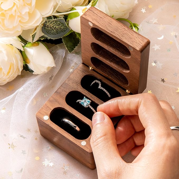 Custom Engraving Ring Gift Box Wooden Presentation Jewelry Box Case with 3 Ring Slots for Proposal Engagement Wedding Ceremony Birthday Gift