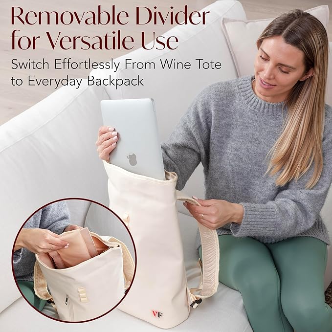 Two Bottle Rolltop Wine Tote Bag – Stylish PU Leather Wine Backpack with Matching Tumblers – Compact & Lightweight Wine Carrier with Padded Straps & Compartments for Travel & Picnics - Beige