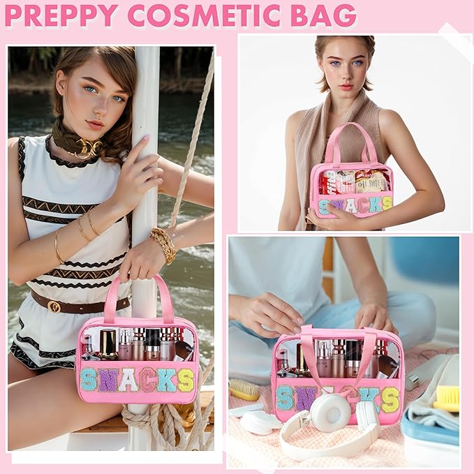 Snack Bag for Travel - Chenille Letter Clear Makeup Bag, Large Preppy Patch Snack Cosmetic Bag with Handle and Zipper, Cute Makeup Pouch Nylon&PVC Waterproof Toiletry Organizer Storage for Women Girls