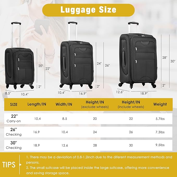Merax Softside Luggage Set Softshell Lightweight 3 Piece Spinner Suitcase with Duffel Bag Expandable Upright Travel Luggage 22" 26" 30",Black