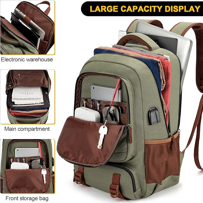 Tzowla Canvas Laptop Backpack, Bag for Men Women,Travel Work Rucksack Fits 17.3 Inch Laptop, Bookbag with USB Charging Port