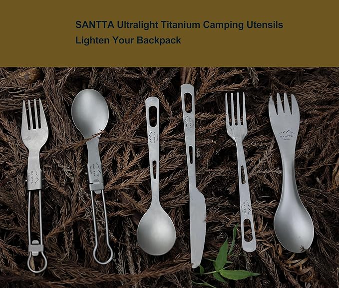 SANTTA Titanium Camping Utensil Set, Titanium(Ti) Spork, Spoon Fork & Bottle Opener Combo Camping Cutlery 2-PC Set