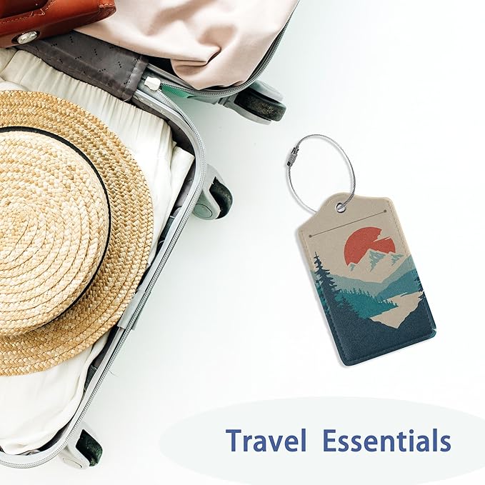 Luggage Tag for Suitcase, Mountain Sun Forest Design with Privacy Flap & Name ID Label & Metal Loop, 2 Pack