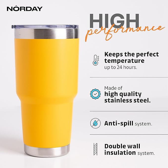 NORDAY | Tumbler with Lid - 30oz - Yellow Insulated Tumbler - Stainless Steel Tumblers - Double Wall Vacuum Insulated Travel Coffee Mug for Car Cup Holder - Keeps Temperature for 24hr - Anti Spill Lid