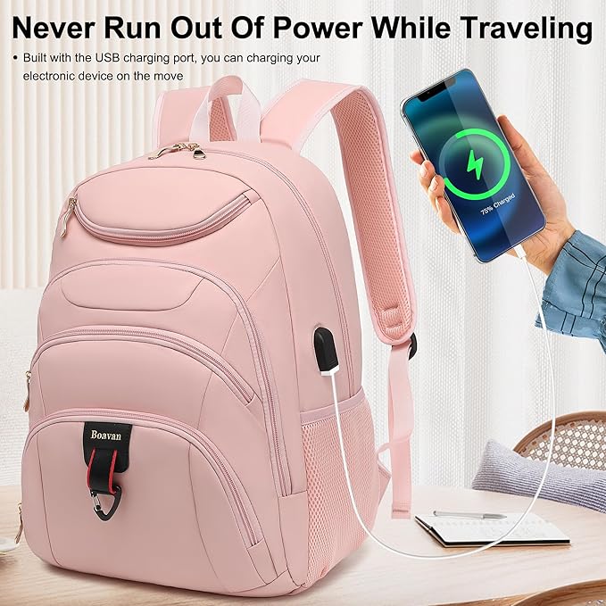 Boavan Laptop Backpack for women, 15.6 inch Laptop Bag with USB Port, Waterproof Travel Work Backpack Purse, Anti-Theft Teacher Nurse Doctor Casual Bookbags Office Business backpack，Pink