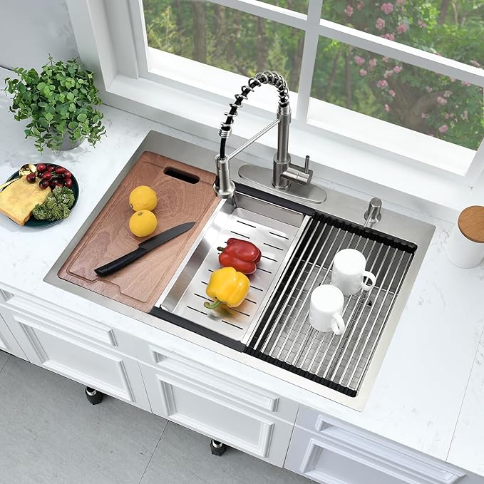 33x22 Drop In Kitchen Sink Workstation-Bokaiya Stainless Steel Kitchen Sink 33x22 Top Mount Drop In Workstation 16 Gauge 10" Handmade Deep Single Bowl Kitchen Sinks with Cutting Board