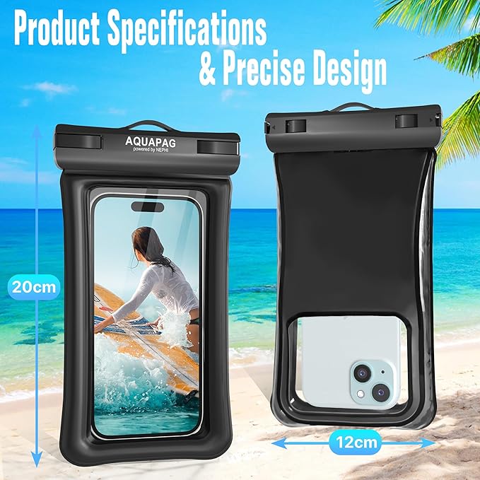 NEPHI IPX8 Floating Waterproof Phone Pouch 2 Pack-Up to 8.0"，Floating Phone Case for iPhone Andriod, Dry Bags for Vacation Beach Pool Kayak Cruise Travel Essentials (Black Black 2 Pack)
