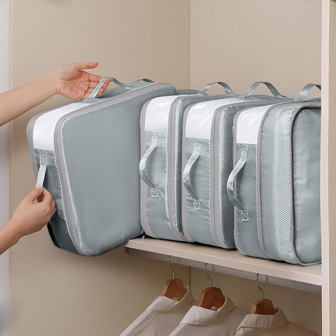 DIMJ Compression Storage Bags 8 Pack, 19L Clothes Storage Organizer for Blanket, Sweater, Closet, Sheet Storage Organizer Compression Packing Cubes for Sheet Bedding Toys Storage with Zipper(Gray)
