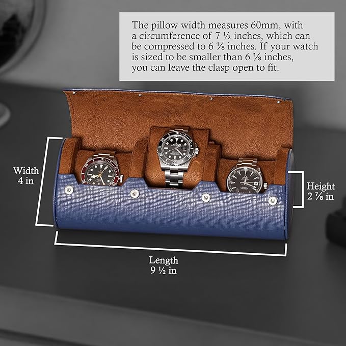 ROTHWELL Watch Roll Travel Case for 3 Watches | Tough Portable Protection, Fits All Wrist Watch & Smart Watches Up to 50mm (Blue/Tan)
