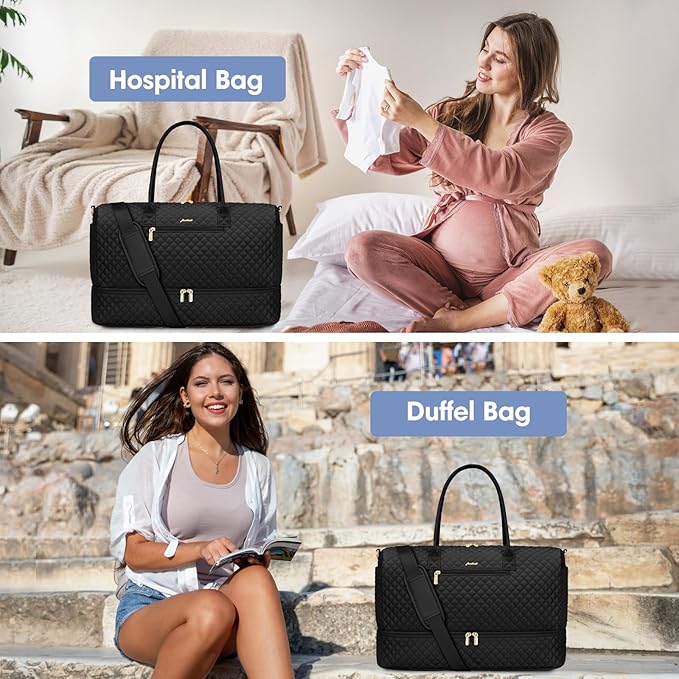 Travel Weekender Duffle Bag for Women - Overnight Bag with Shoe Compartment Carry on Bag with Toiletry Bag Gym Duffel Bag with Wet Pocket Hospital Bags for Labor and Delivery 3 Pcs Set Black