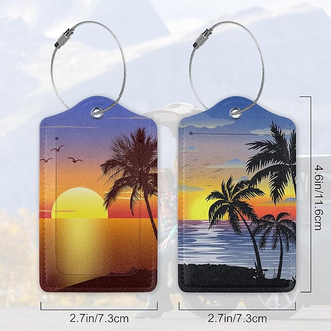 Sunset with Palmtree Silhouette 2 PCS Luggage Tags, Privacy Cover ID Label with Stainless Steel Loop and Address Card for Travel Bag Suitcase