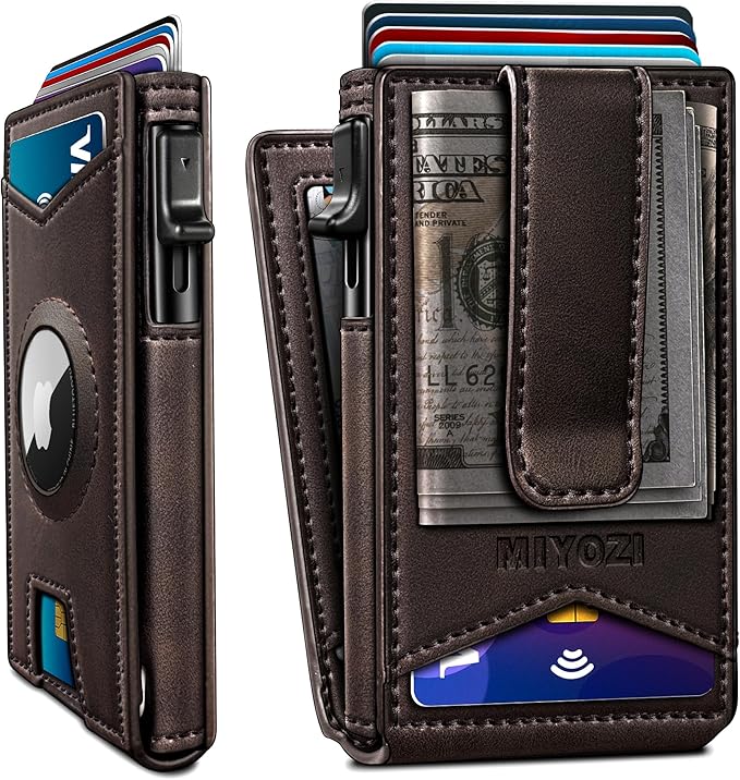 Airtag Wallet for Men,with Money Clip Gift Boxed,Slim Front Pocket Wallet RFID Blocking Metal Case Smart Pop-up Credit Card Holder in Magnetic Leather Flip