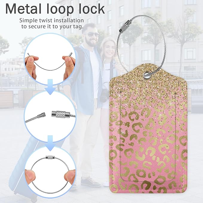 Luggage Tags for Suitcase,Pink Rose Gold Leopard Skin Luggage Tags of Set 2 Leather Identifiers Privacy Cover with Stainless Steel Loop for Women Men Travel Bag Suitcase