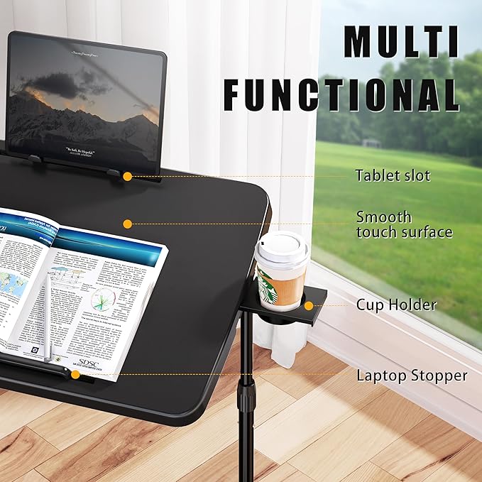 Ultra TV Tray Table, Allpop TV Dinner Tray for Eating, Adjustable Folding Tray Table with Book Stand, Cup Holder, Laptop Stopper & Tablet Slot on Coach & Bed, Black