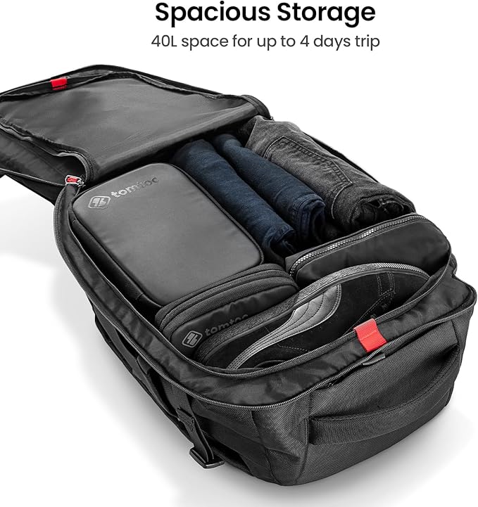 tomtoc Travel Backpack 40L, TSA Friendly Flight Approved Carry-on Luggage Hand Water-resistant Lightweight Business Rucksack, Durable Large Weekender Bag Daypack Fits 17.3 Inch Laptop, PFAS Free