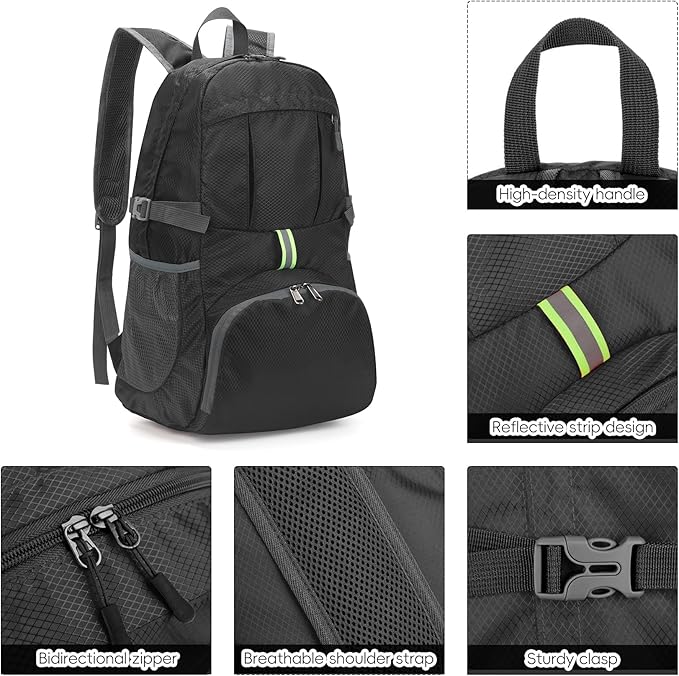 Yaopeing Lightweight Backpack,25L Foldable Hiking Packable,Water Resistant Travel Outdoor Shoulder Bag for Woman Men,Black